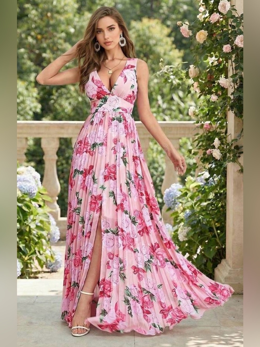 Floral Pink V-Neck Maxi Dress with Front Slit